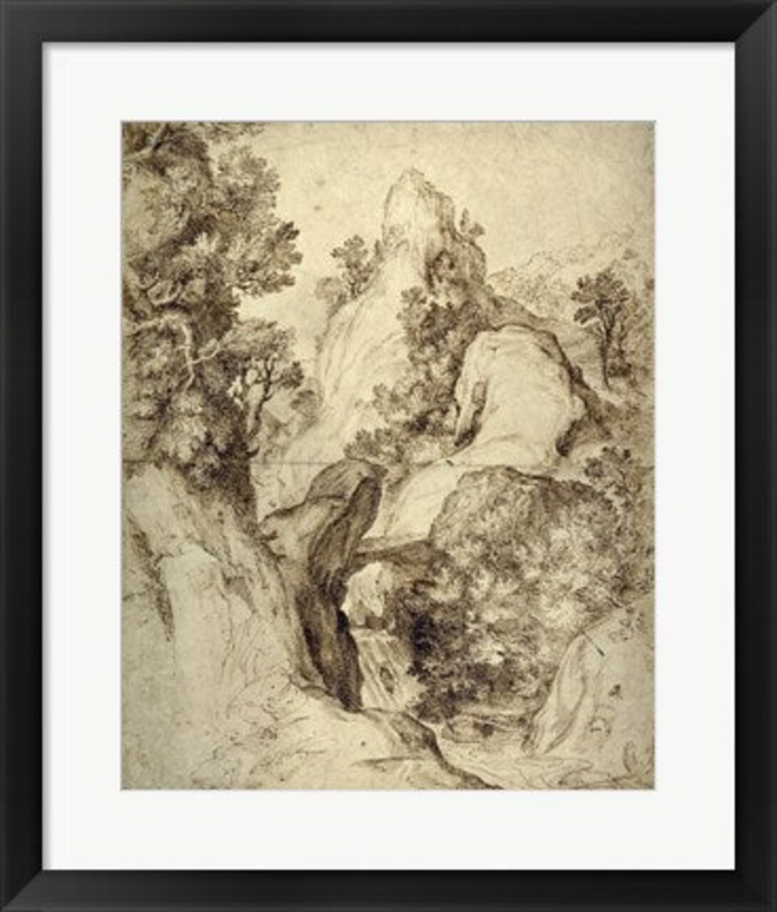 Framed Art Rocky Landscape with a Waterfall by Girolamo Muziano Wall Decor 18x24 Artwork